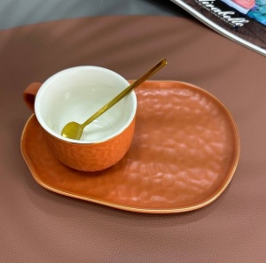 Чашка с блюдцем и ложкой Olens "Доброе утро", 150 мл, оранжевая O8030-238П